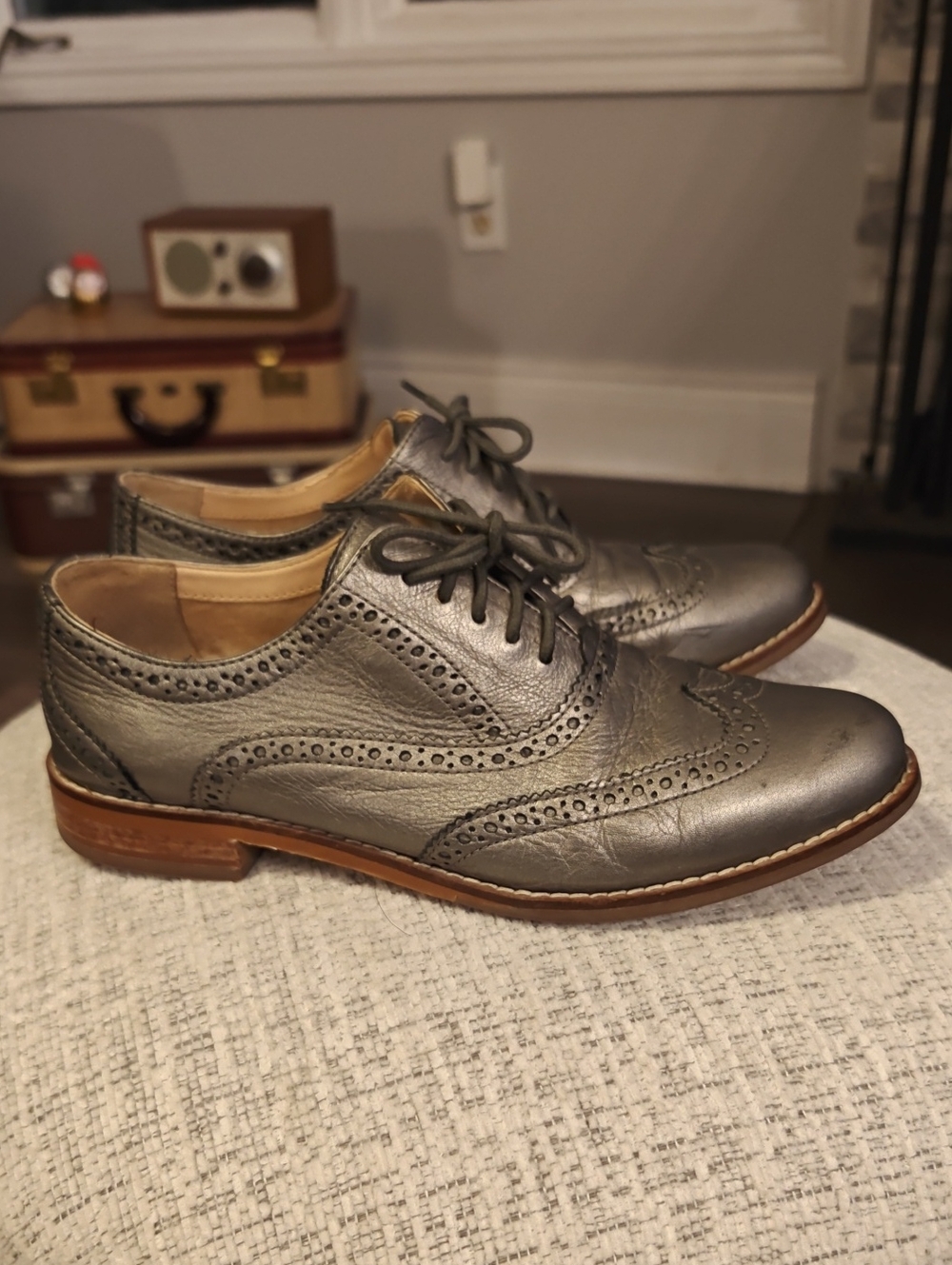 Cole Haan Women's Wingtip Oxford — Silver Metallic Leather — Size 6.5